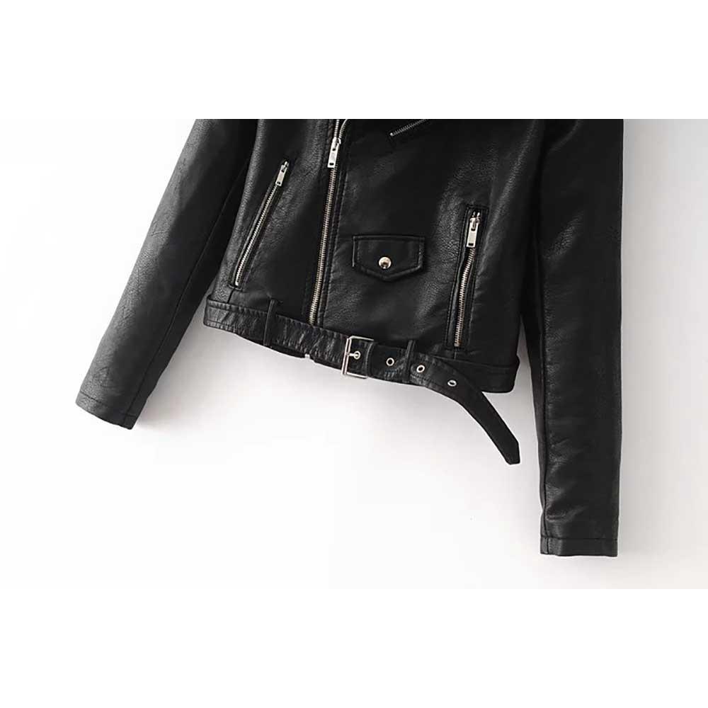 Women Autumn Casual PU Leather Short Coat With Diagonal Zipper Size M - Black