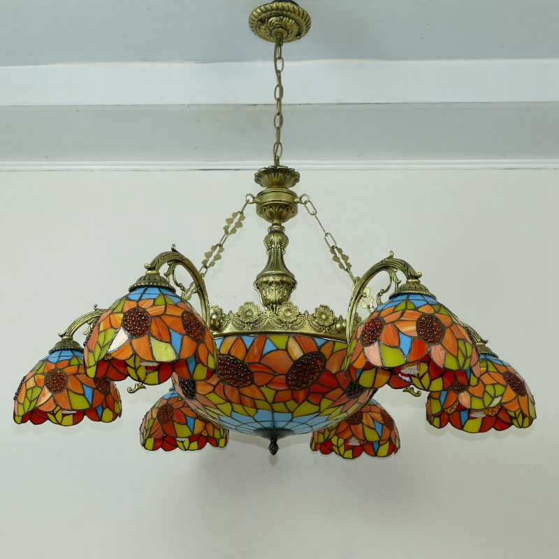 FUMAT Sunflower Stained Glass Lampshade Chandeliers European Classic Ceiling Light Tiffany Glass Lights For Living Room