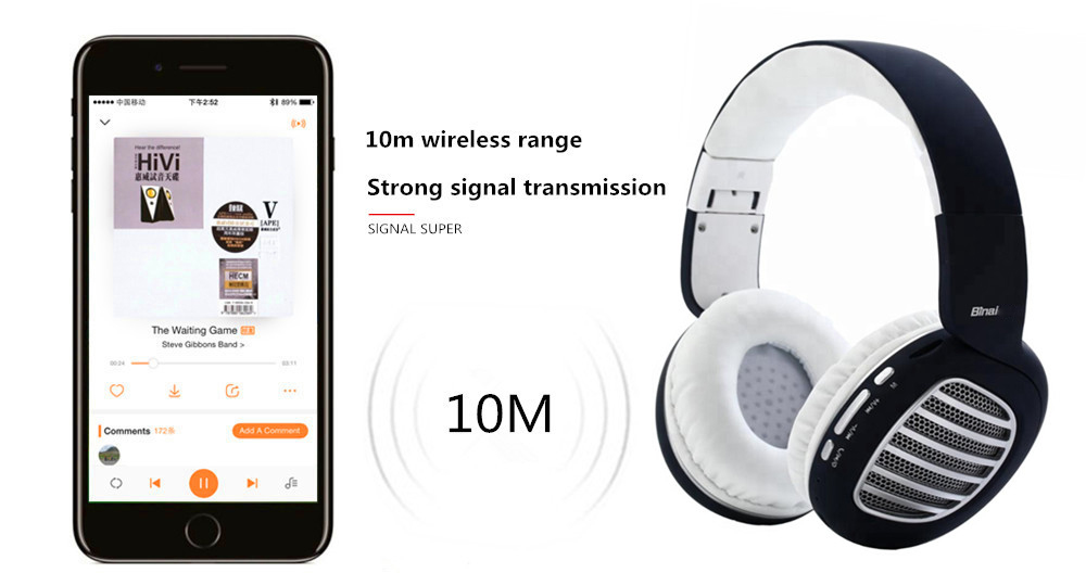 Binai V79 Wireless Bluetooth Headphones with Mic FM Radio Bass Stereo Headset for Android/IOS - Black & Silver