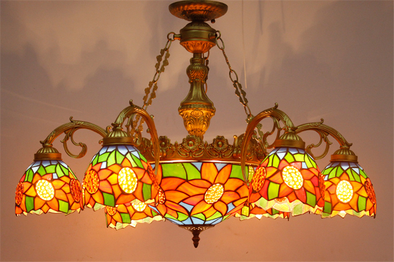 FUMAT Sunflower Stained Glass Lampshade Chandeliers European Classic Ceiling Light Tiffany Glass Lights For Living Room
