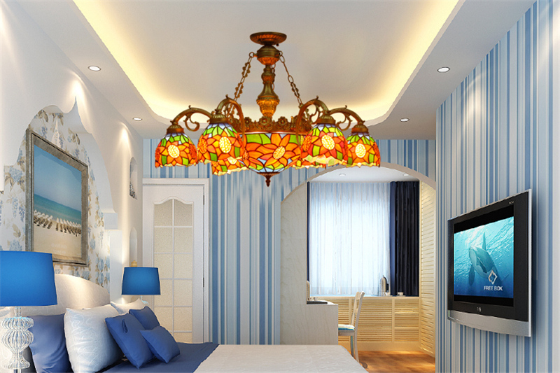 FUMAT Sunflower Stained Glass Lampshade Chandeliers European Classic Ceiling Light Tiffany Glass Lights For Living Room