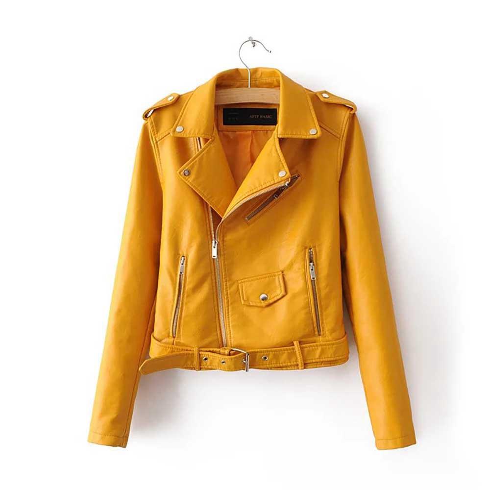 Women Autumn Casual PU Leather Short Coat Biker Jacket With Diagonal Zipper Size M - Yellow