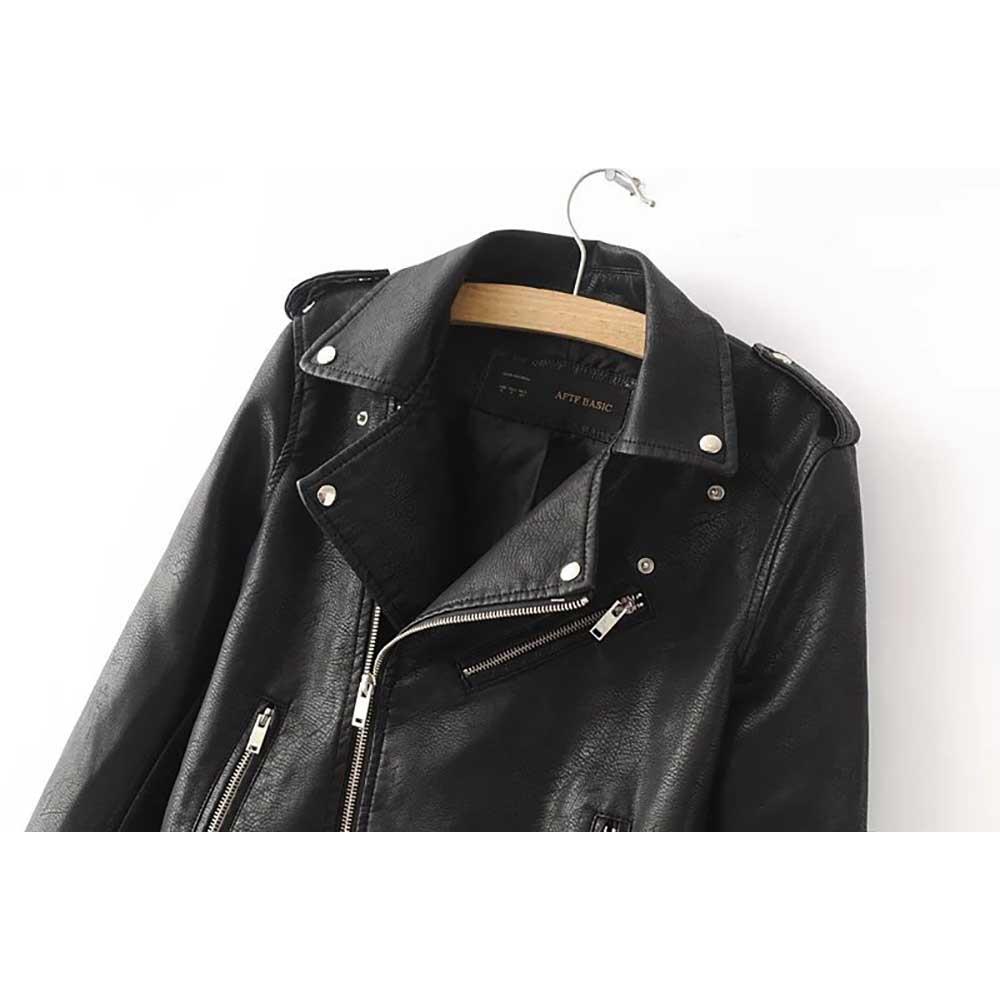 Women Autumn Casual PU Leather Short Coat With Diagonal Zipper Size M - Black