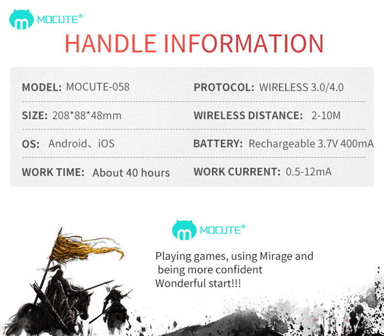 MOCUTE 058 Wireless Bluetooth Singe-hand Game Controller with Telescopic Phone for Android/IOS Smartphone - Black