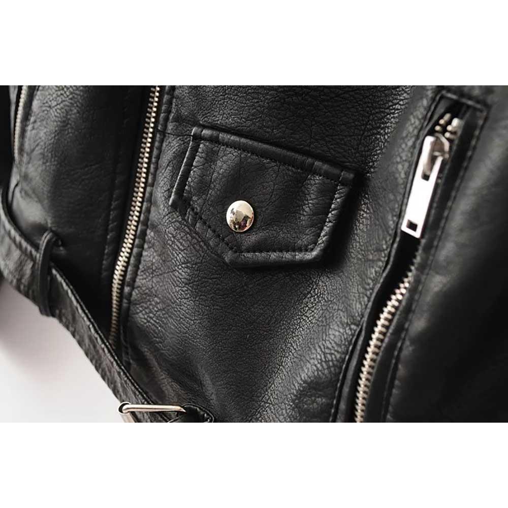 Women Autumn Casual PU Leather Short Coat With Diagonal Zipper Size M - Black