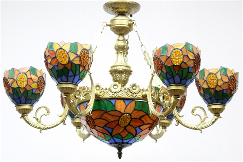 FUMAT Sunflower Stained Glass Lampshade Chandeliers European Classic Ceiling Light Tiffany Glass Lights For Living Room