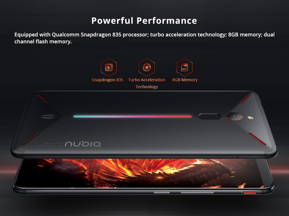 Nubia Red Magic 6.0 Inch FHD Screen 4G LTE Gaming Smartphone Snapdragon 835 6GB 64GB 24.0MP Camera Android 8.1 OS Type-C Touch ID OTG - Black