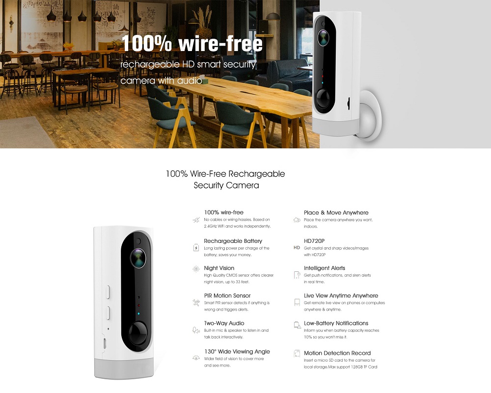 Adorbee A1 720P HD Wire-free Indoor Smart IP Camera Battery 3000mAh Two-Way Audio PIR Night Vision - White