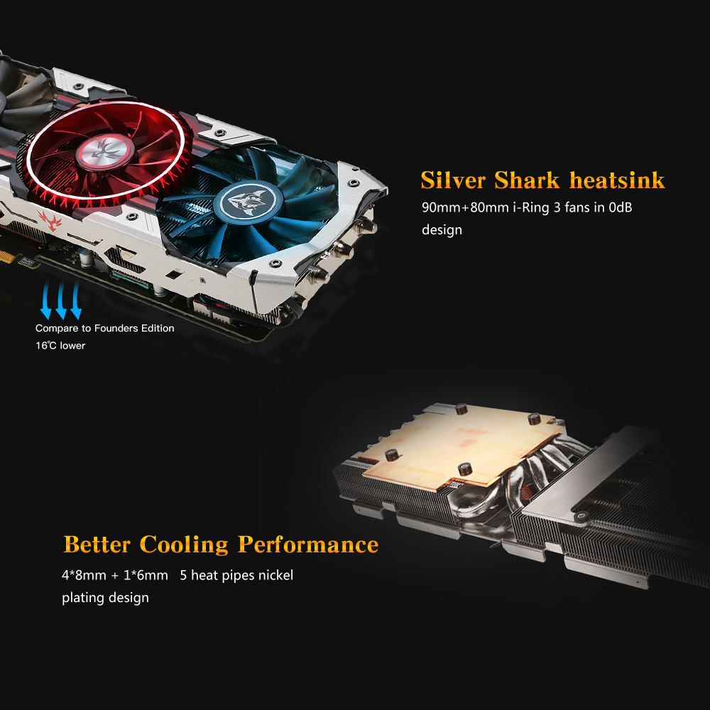 Colorful iGame GTX1080 X-8GD5X-TOP-AD-V2 Video Graphics Card 1759-1898MHz 8GB 256Bit 10Gbps/GDDR5X 2DP+2HDMI+DIV - Silver