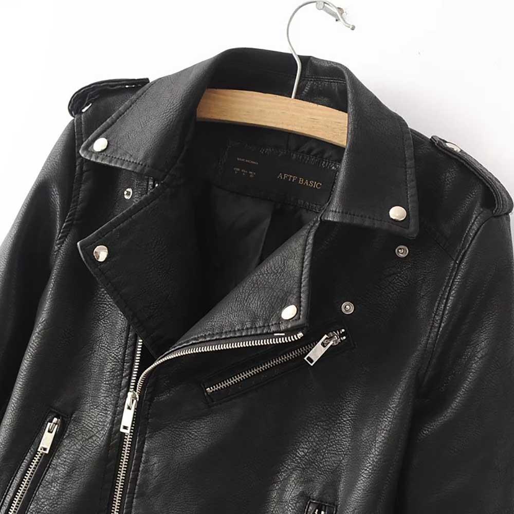 Women Autumn Casual PU Leather Short Coat With Diagonal Zipper Size M - Black