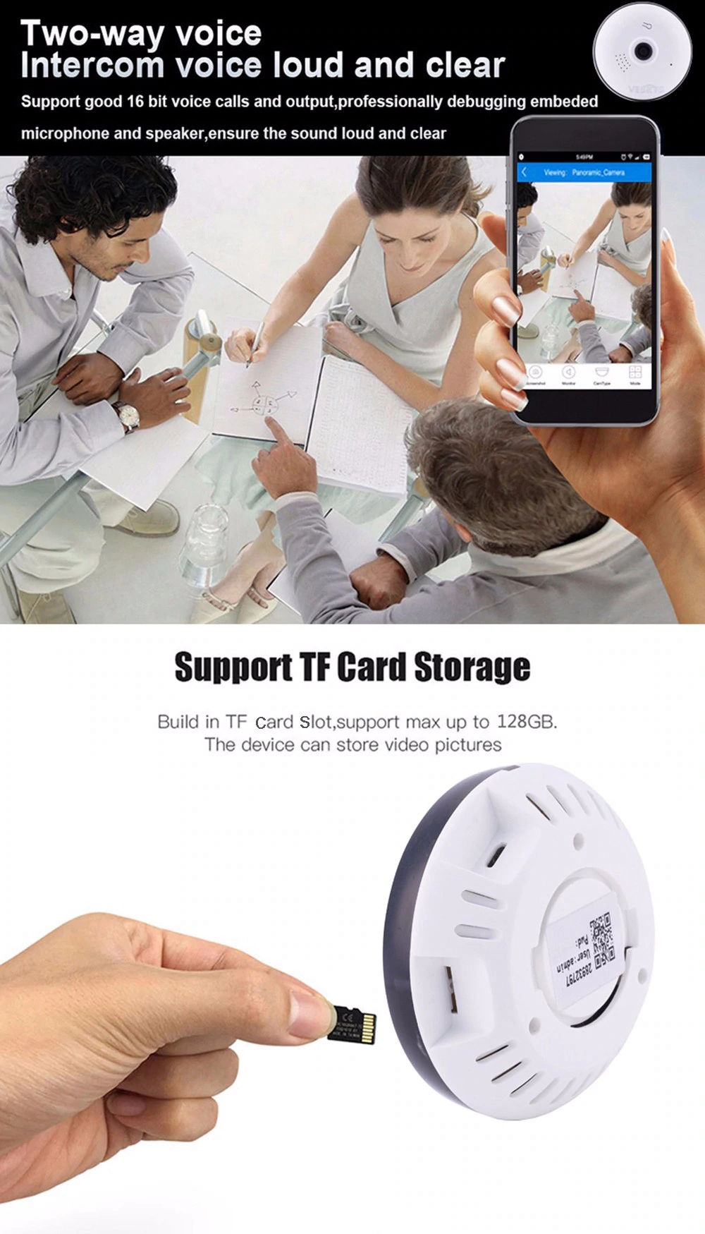 VESKYS N1 1536P 3.0MP 360 Degrees Mini HD WiFi IP Camera H.264 IR-CUT Night Vision Network Camera - Black EU Plug