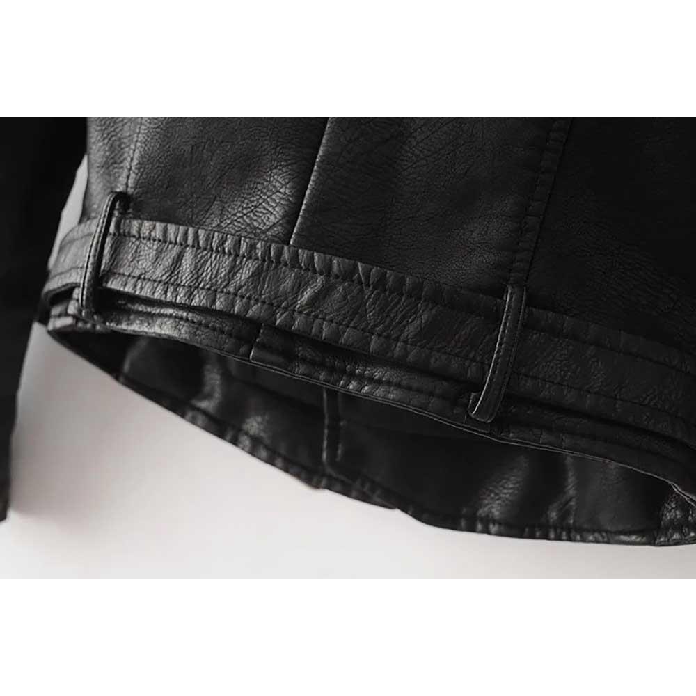 Women Autumn Casual PU Leather Short Coat With Diagonal Zipper Size S - Black