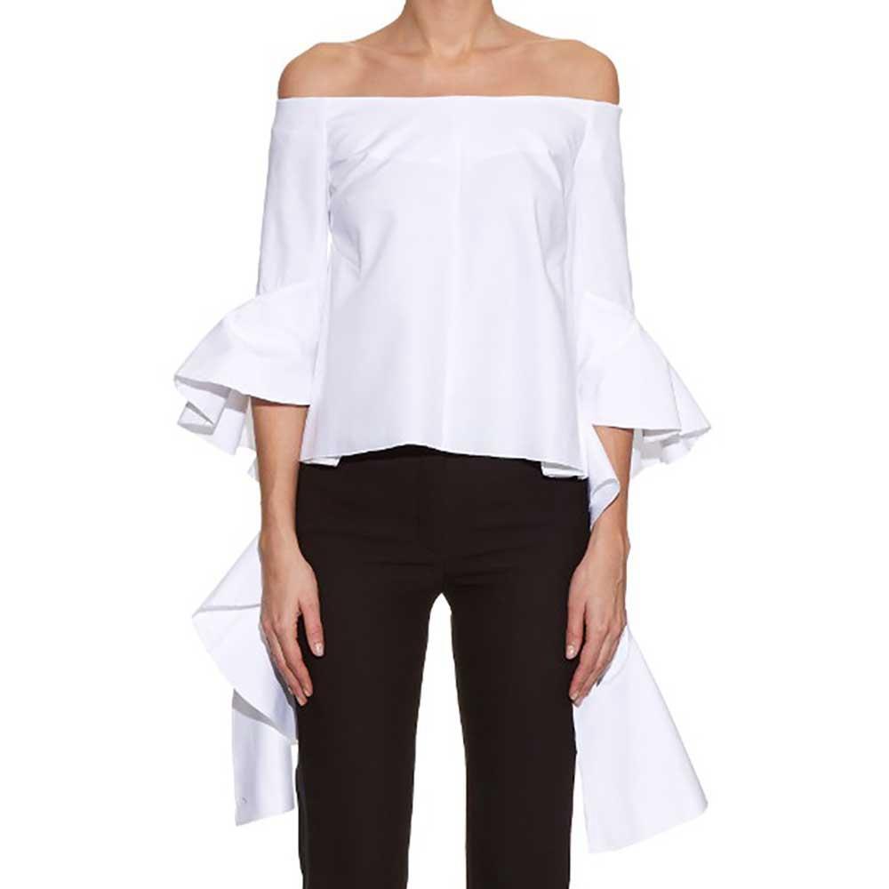 Women Off Shoulder Spiral-wave Trumpet Sleeve Solid Shirt Size L - White