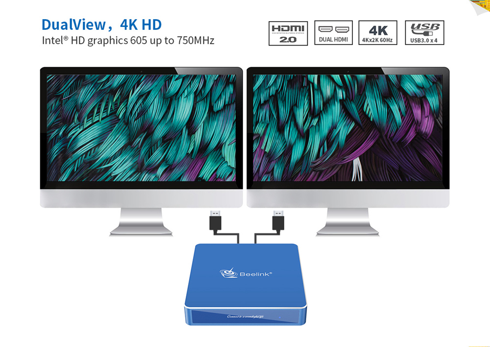 Beelink Gemini N50 Intel Gemini Lake N5000 8GB LPDDR4 128GB SSD Windows 10 Mini PC Dual Band WIFI Gigabit LAN Bluetooth USB3.0*4 HDMI*2 - Blue