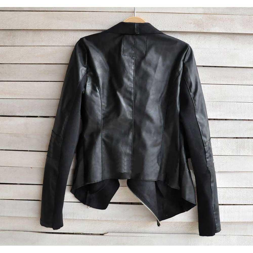New Women PU Leather Jacket Irregular Lapel Side Zippers Coat Size XXL - Black