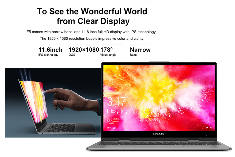 Teclast F5 Laptop Intel Gemini Lake N4100 Quad Core 11.6 Inch 360 Degree Rotating Touch Screen 1920*1080 Windows 10 8GB RAM 128GB SSD - Grey