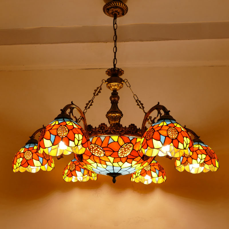 FUMAT Sunflower Stained Glass Lampshade Chandeliers European Classic Ceiling Light Tiffany Glass Lights For Living Room