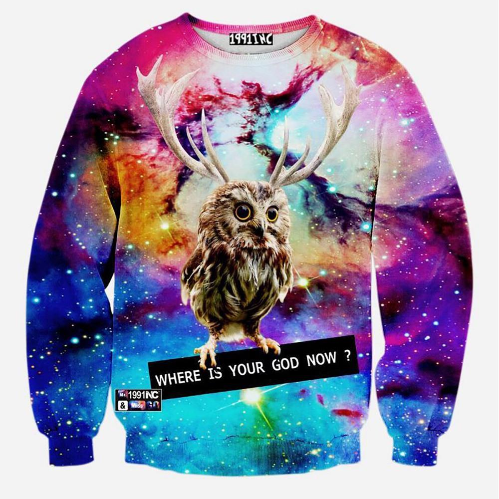 3D Digital Printed Starry Owl Pattern Unisex Cotton Crewneck Sweatshirt Size XL