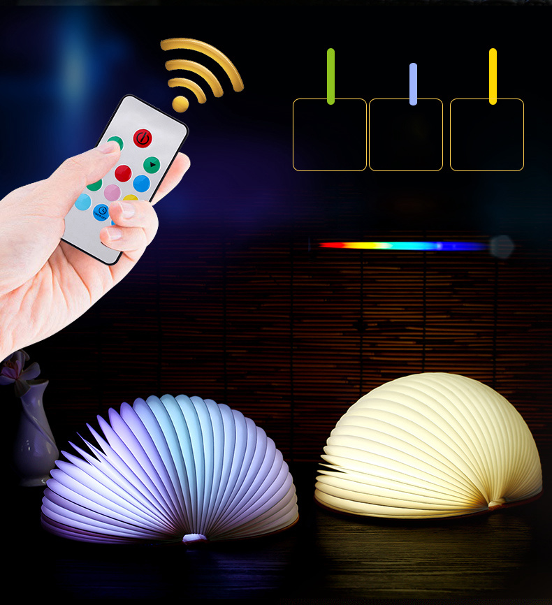 PU Leather Foldable Half Round Book Shaped LED Night Light Wireless Remote Control USB Book Bedside Lamp - Warm Light