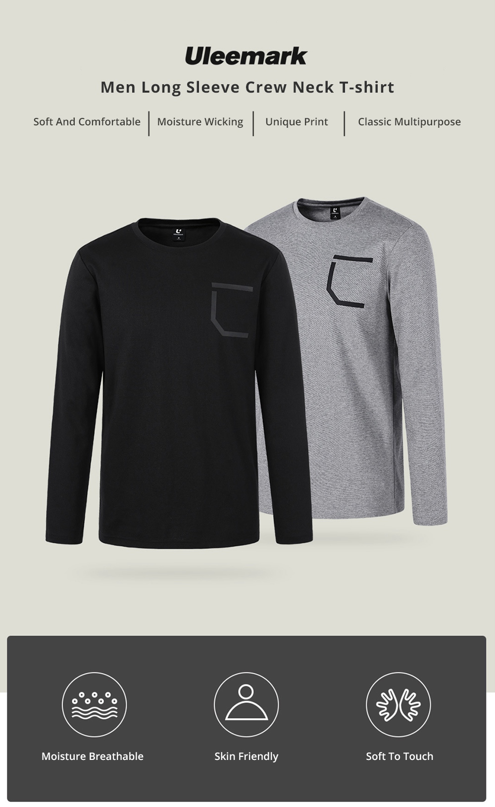 Xiaomi Uleemark Men Long Sleeve Crew Neck T-shirt Moisture Wicking Classic Sweatshirt Size S - Black