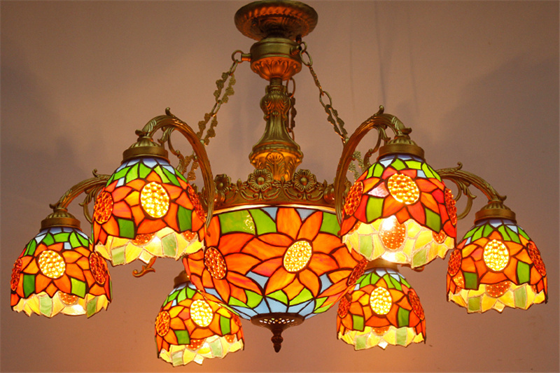 FUMAT Sunflower Stained Glass Lampshade Chandeliers European Classic Ceiling Light Tiffany Glass Lights For Living Room