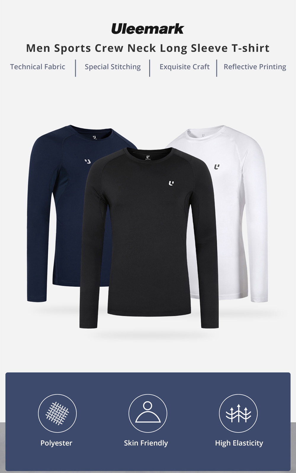 Xiaomi Uleemark Men Sports Long Sleeve Crew Neck T-shirt Moisture Wicking Classic Sweatshirt Size L - White