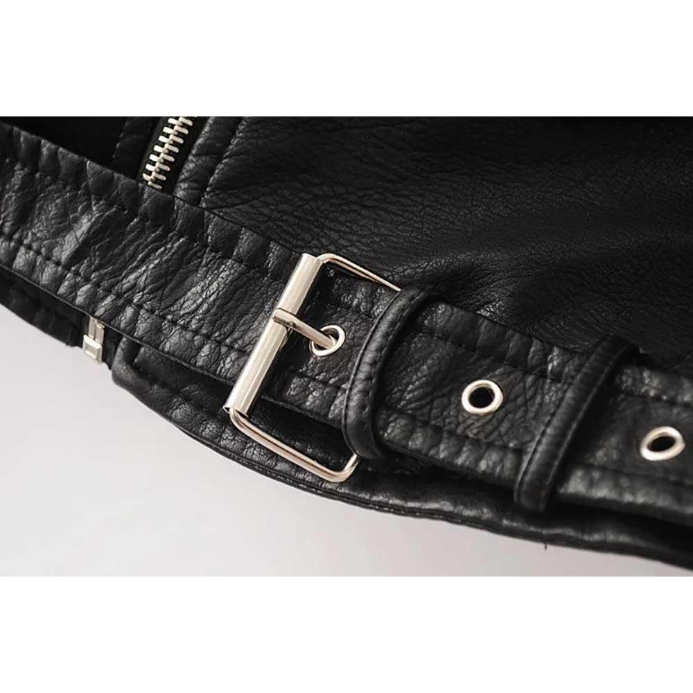 Women Autumn Casual PU Leather Short Coat With Diagonal Zipper Size M - Black