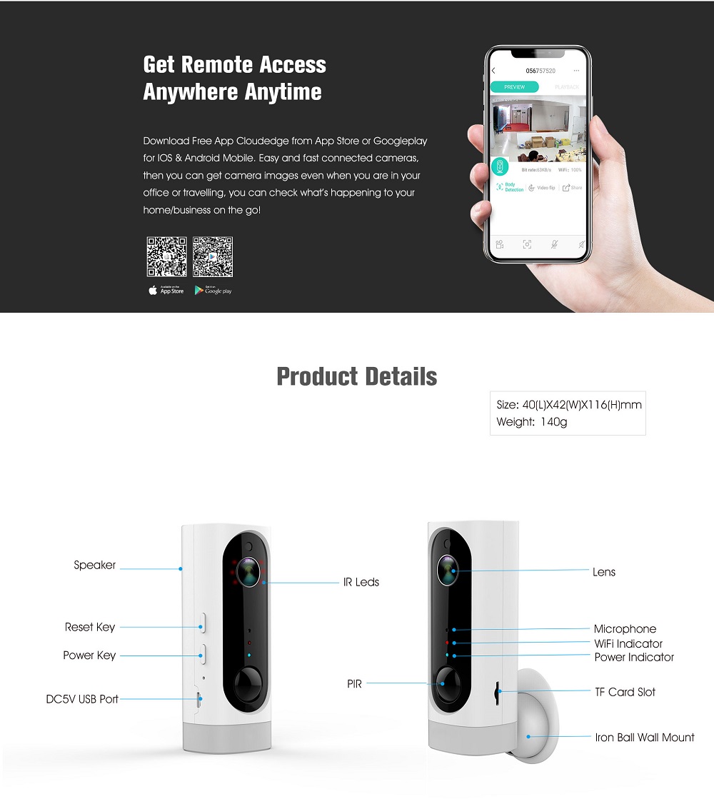 Adorbee A1 720P HD Wire-free Indoor Smart IP Camera Battery 3000mAh Two-Way Audio PIR Night Vision - White