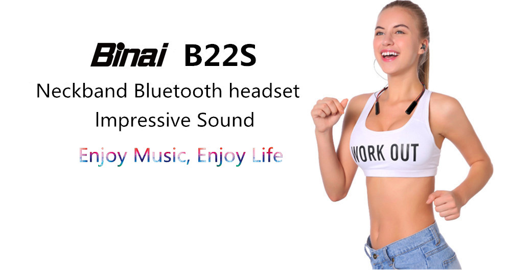 Binai B22S Neckband Wireless Bluetooth Earphone Magnetic Sports Waterproof - Black