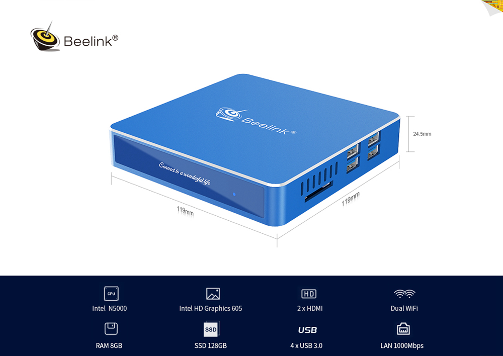 Beelink Gemini N50 Intel Gemini Lake N5000 8GB LPDDR4 128GB SSD Windows 10 Mini PC Dual Band WIFI Gigabit LAN Bluetooth USB3.0*4 HDMI*2 - Blue