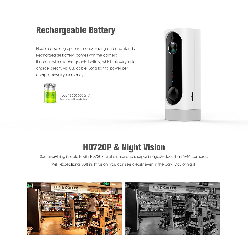 Adorbee A1 720P HD Wire-free Indoor Smart IP Camera Battery 3000mAh Two-Way Audio PIR Night Vision - White