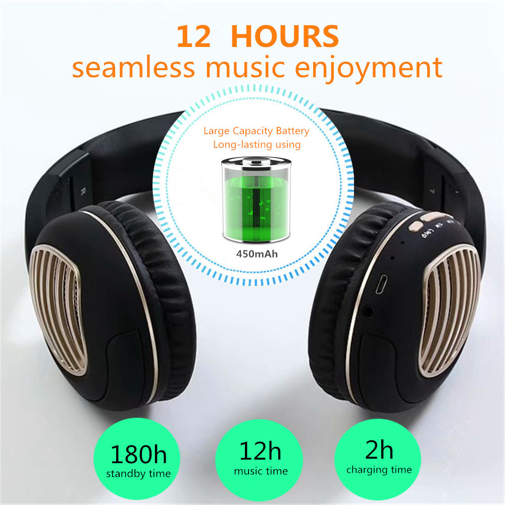 Binai V79 Wireless Bluetooth Headphones with Mic FM Radio Bass Stereo Headset for Android/IOS - Black & Silver