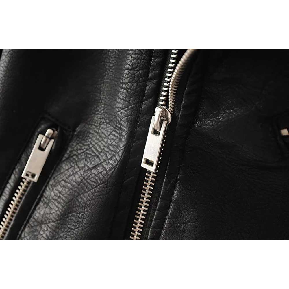 Women Autumn Casual PU Leather Short Coat With Diagonal Zipper Size M - Black