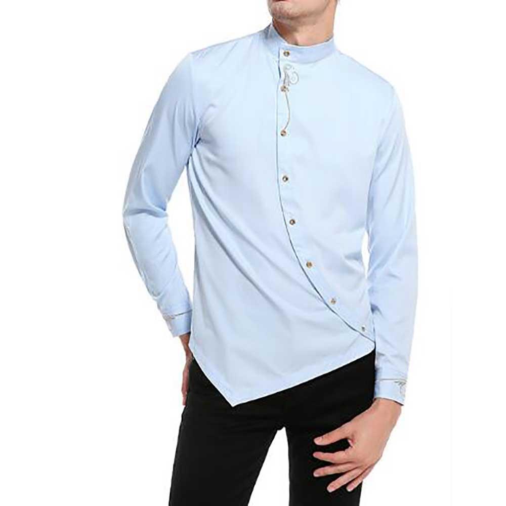 Men's Fashion Casual Long Sleeve Shirt Slim Fit Special Buttons Cotton Size S - Light Blue