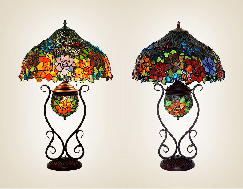 FUMAT 18" Tiffany Style Stained Glass Double Lit Table Lamp - Romantic Ripe Grapes Design