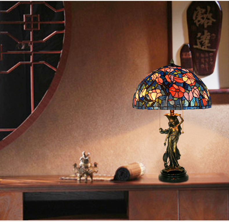 FUMAT Tiffany Style Stained Glass Handcrafted Table Lamp - Copper Antique Saintess Grape Orchard Design