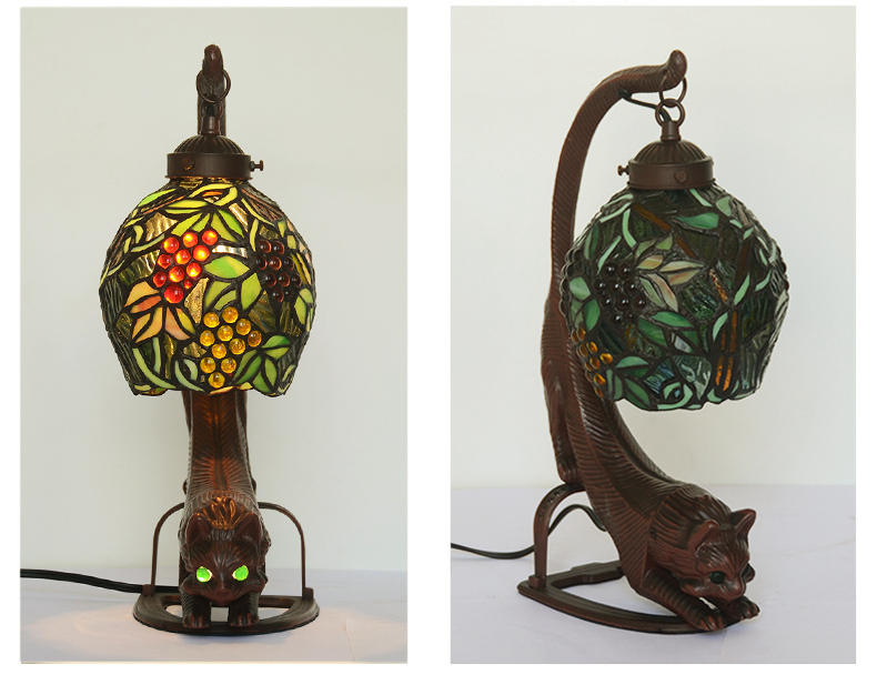 FUMAT Tiffany Style Stained Glass Handcrafted Table Lamp - Retro Cat Base Grape Design