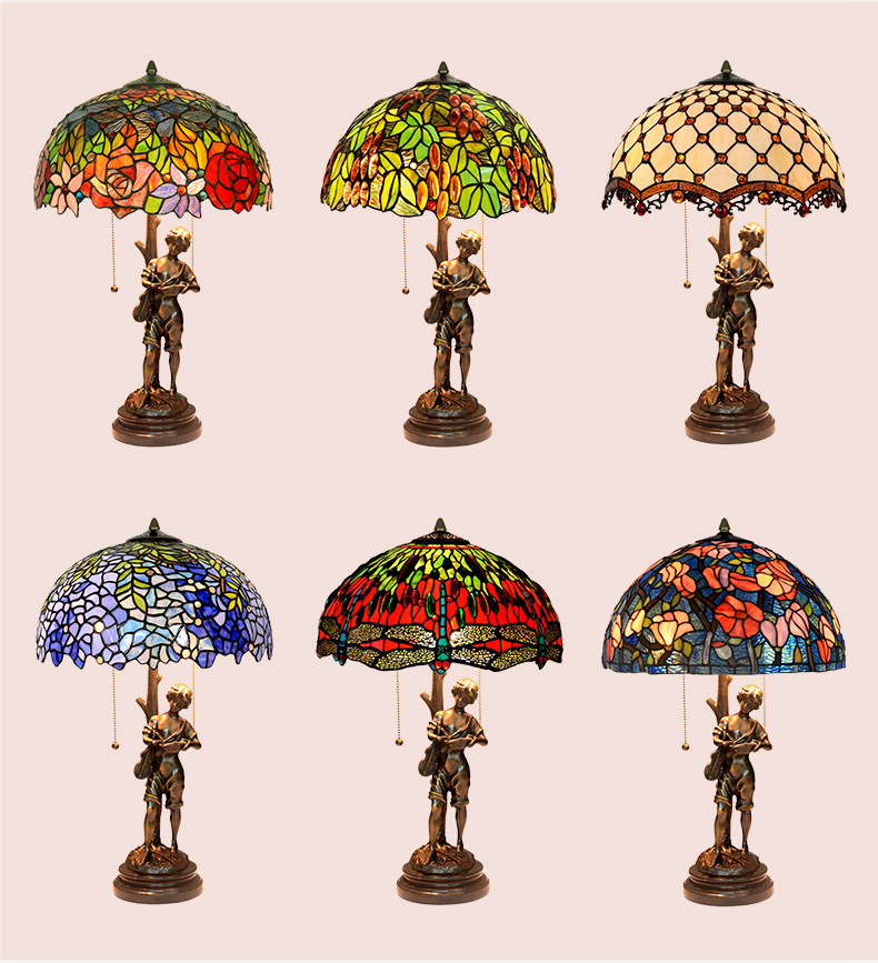 FUMAT Tiffany Style Stained Glass Handcrafted Table Lamp - Copper Antique Saintess Two-tone Rose Design