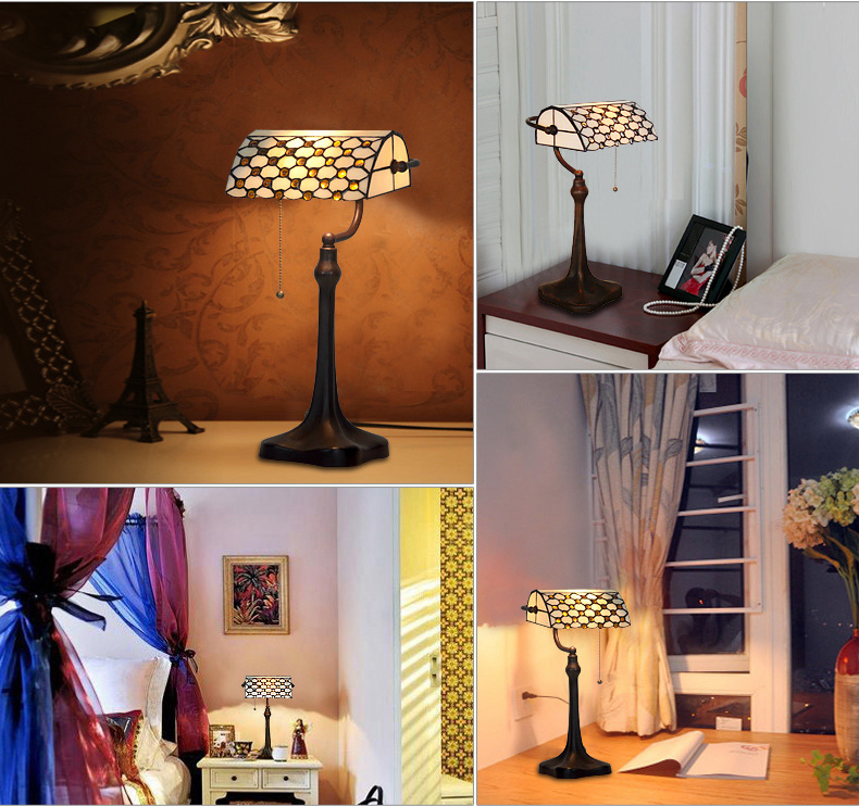 FUMAT Tiffany Style Stained Glass Table Lamp - Romantic Bead Curtain Bank Light Design