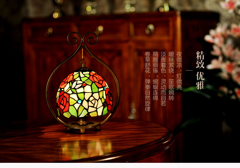 FUMAT 9 Inches Tiffany Style Stained Glass Handcrafted Round Mini Table Lamp - Romantic Rose Design