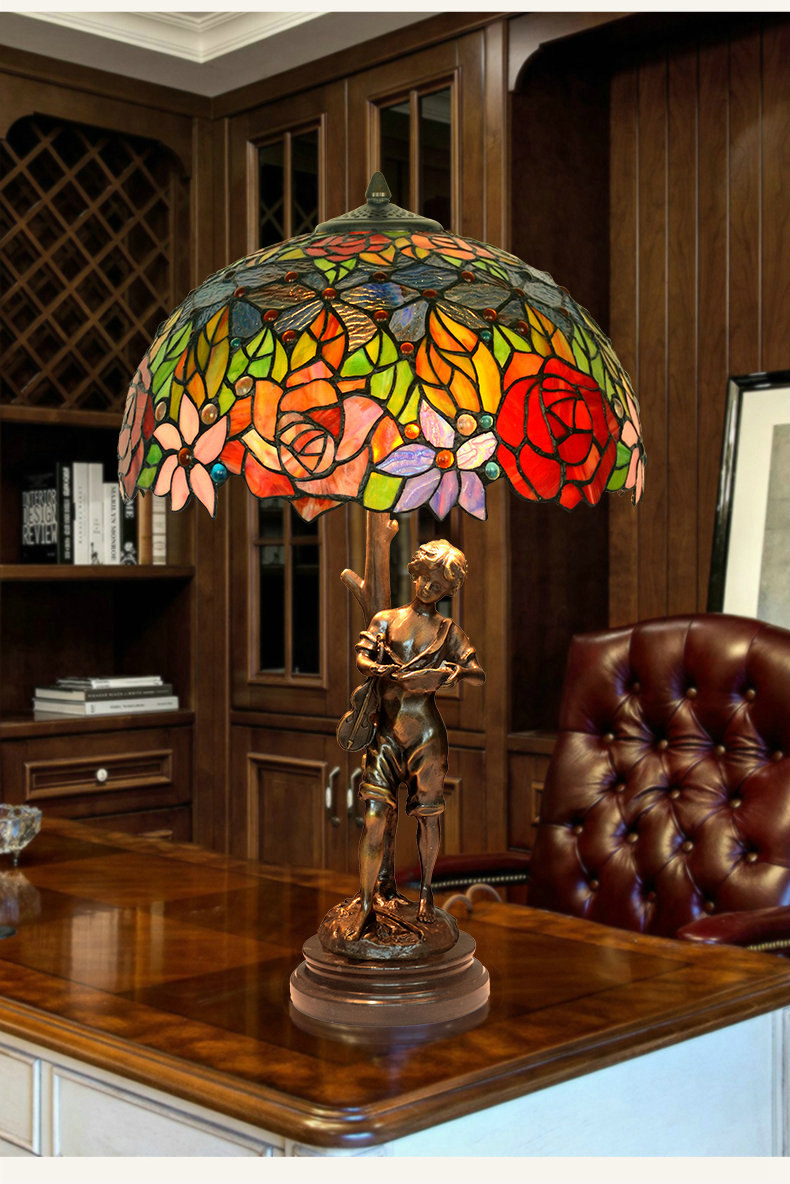 FUMAT Tiffany Style Stained Glass Handcrafted Table Lamp - Copper Antique Saintess Two-tone Rose Design
