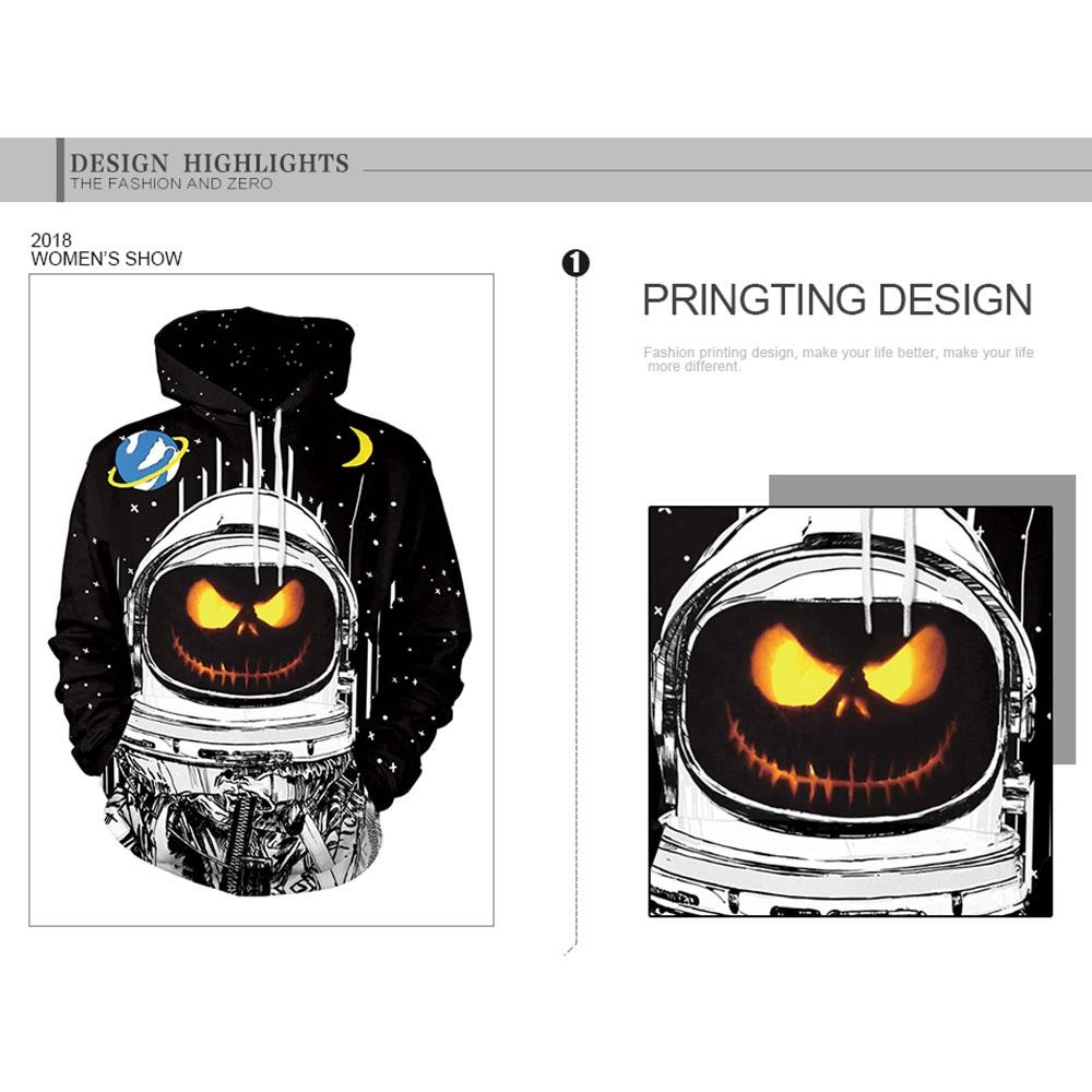 3D Digital Printed Halloween Series Pumpkin Astronaut Pattern Unisex Long Sleeve Pullover Hoodie Size M - Black