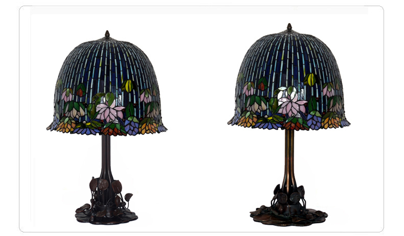FUMAT 18 Inches Tiffany Style Stained Glass Metal Iron Base Handcrafted Table Lamp - Romantic Lotus Moonlight Design