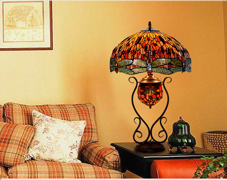 FUMAT 18" Tiffany Style Stained Glass Double Lit Table Lamp - Romantic Ripe Grapes Design