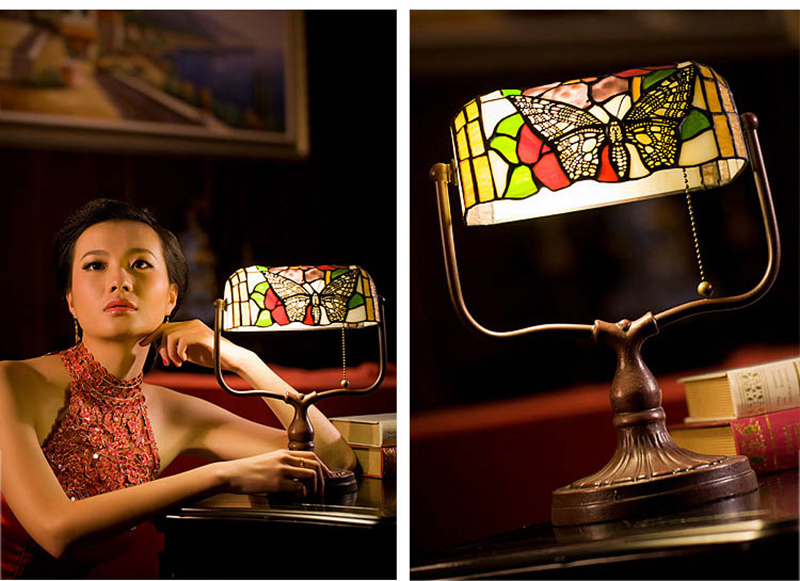 FUMAT Tiffany Style Stained Glass Table Lamp - Romantic Butterfly Vintage Shanghai Design