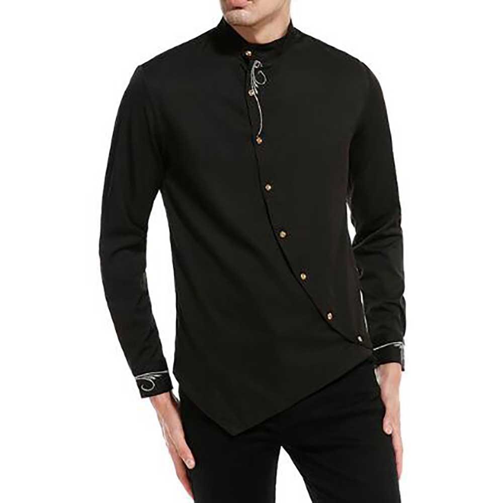 Men's Fashion Casual Long Sleeve Shirt Slim Fit Special Buttons Cotton Size S - Black