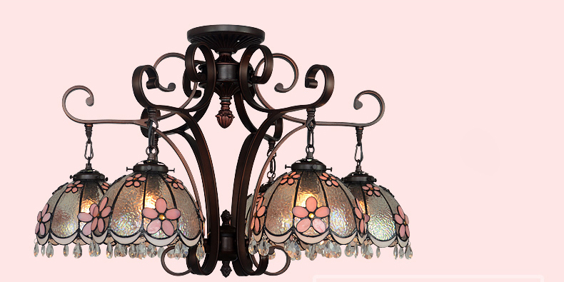 FUMAT Tiffany Style Stained Glass Handcrafted Chandelier - Wrought Iron Pink Floral Design with 6 Lights