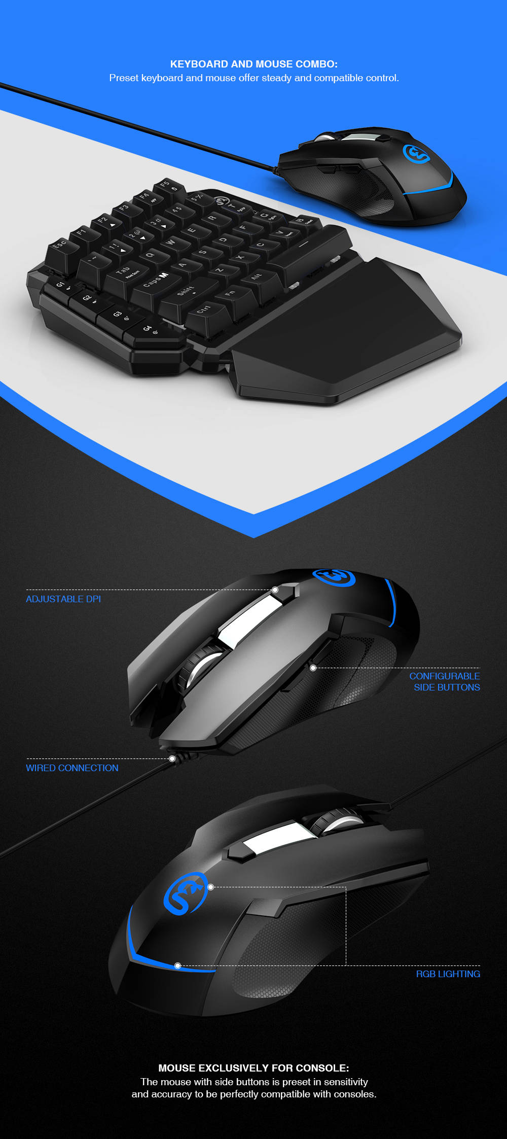 GameSir VX E-sports AimSwitch Wireless Game 2.4G Keyboard Mouse Combo For PS4/NS/Xbox/PC/Android Phone - Black