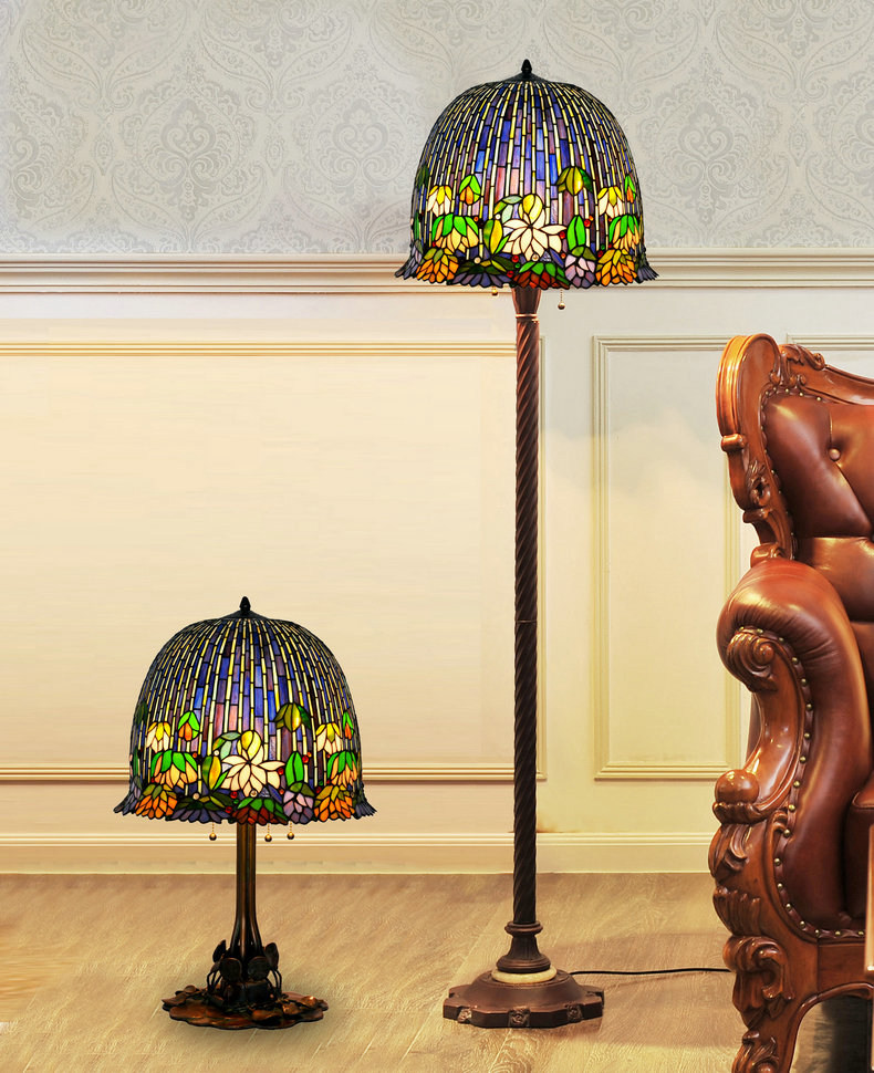 FUMAT 18 Inches Tiffany Style Stained Glass Metal Iron Base Handcrafted Table Lamp - Romantic Lotus Moonlight Design