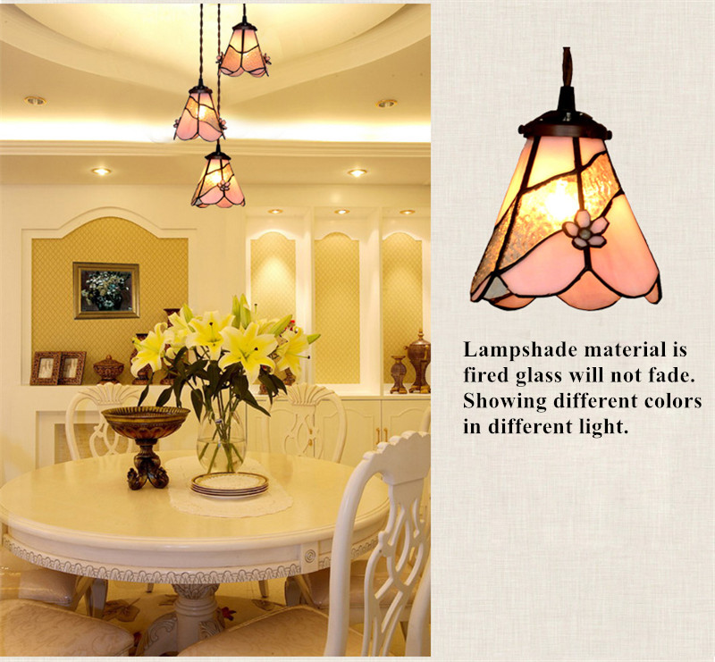 FUMAT Tiffany Style Stained Glass Pendant Lights - Pink Flower Glass Design